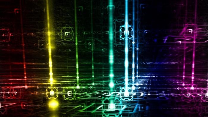 Abstract colorful digital grid with light beams