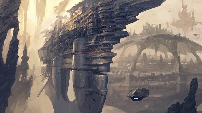 Futuristic city with massive structures and flying vehicles