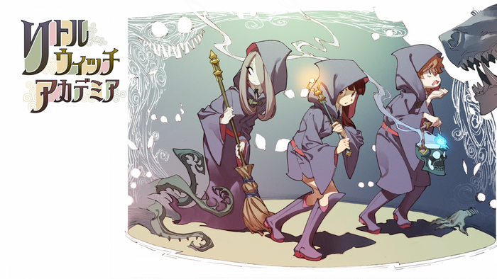 Little Witch Academia illustration with Akko, Lotte, and Sucy