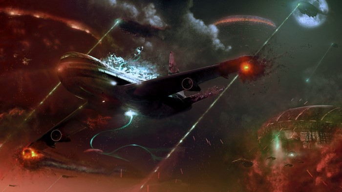 Apocalyptic space battle with damaged aircraft and alien structures