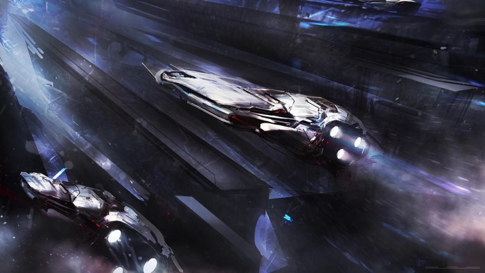 Futuristic spaceships in a dark, angular environment
