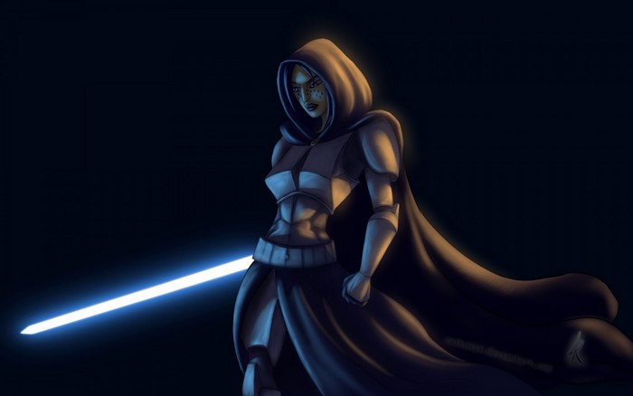 Illustration of a female Jedi with a blue lightsaber