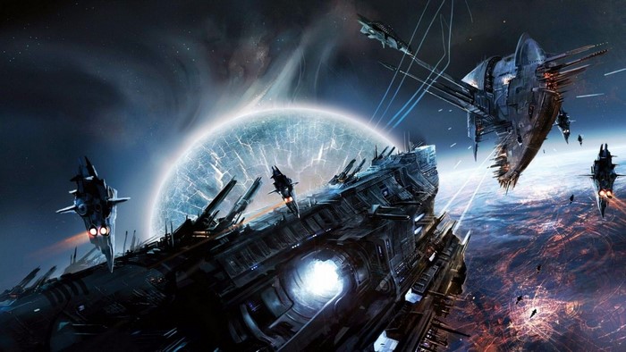 Futuristic spaceships in orbit around a cracked planet