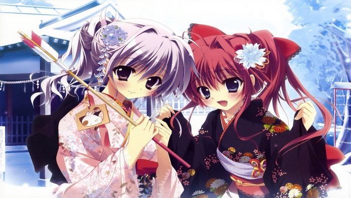 Two anime girls in kimonos holding an arrow