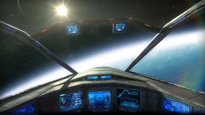 Spaceship cockpit view of Earth from orbit