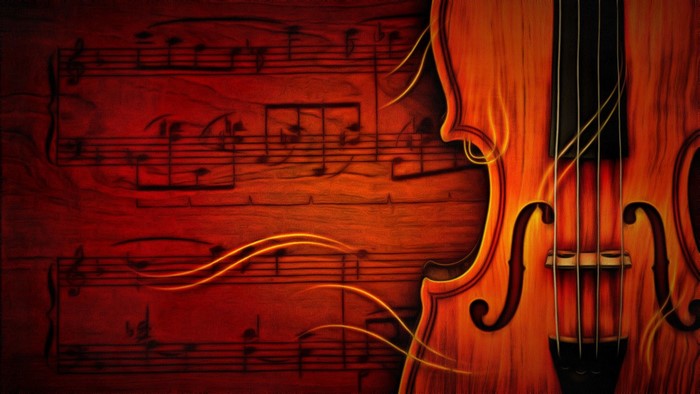 Violin and musical notes on a red background