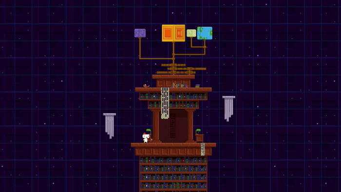 Fez screenshot with characters and bookshelves