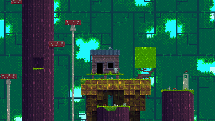 Fez screenshot showing a pixelated forest environment with structures