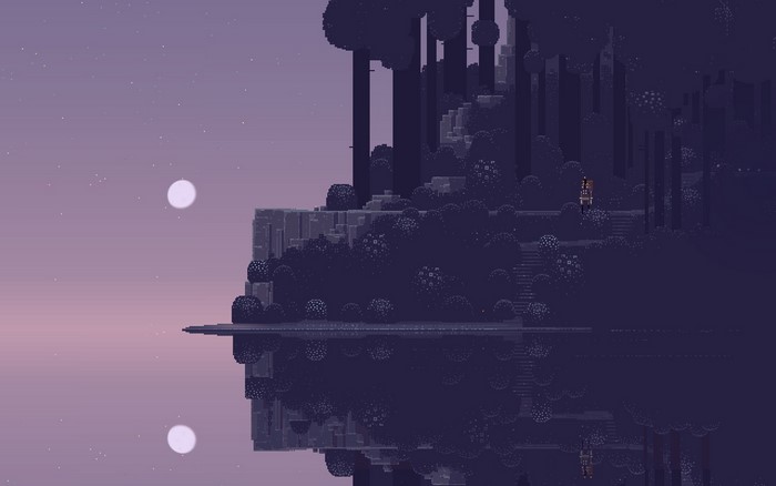 Pixel art landscape with floating islands and moons