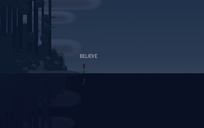 Video game screenshot with the word BELIEVE