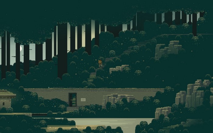 Pixel art forest with a character on stairs
