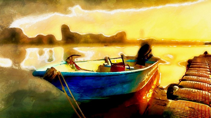 Painting of a blue boat docked at a wooden pier at sunrise