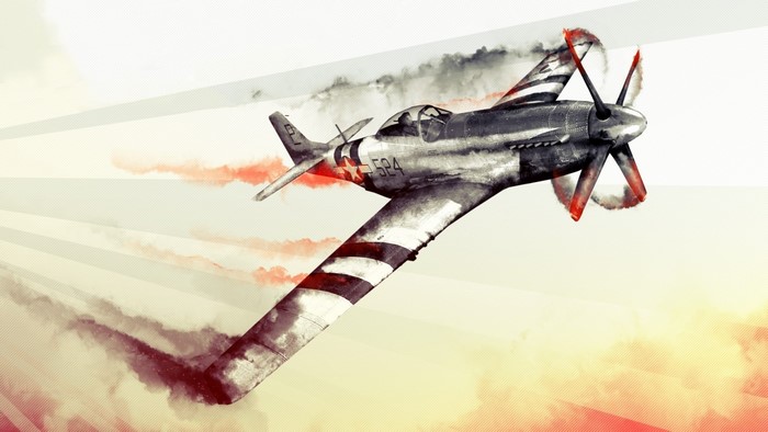 North American P-51 Mustang in flight with smoke trails
