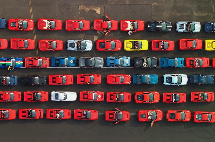 Ferrari cars parked in rows