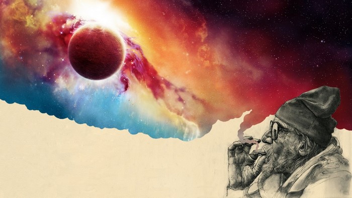 Man smoking with a galaxy and planet in the background
