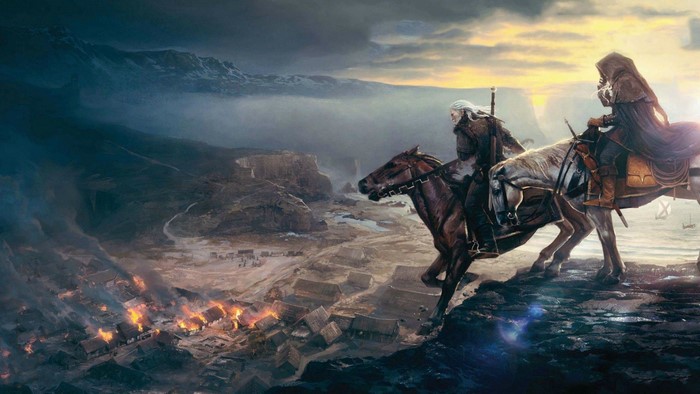 Geralt and Ciri from The Witcher 3: Wild Hunt on horseback overlooking a burning village