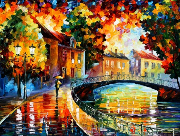 Colorful, Painting, Fall, Cityscape, Bridge, Mural, Leonid Afremov, Art 