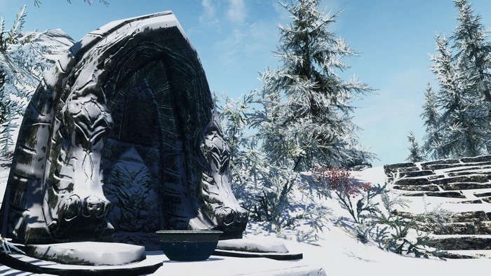 Ancient ruin in a snowy forest in The Elder Scrolls V Skyrim