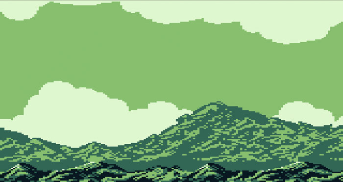 Pixel art landscape with mountains and clouds