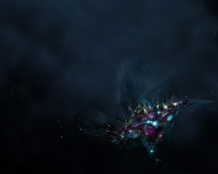 Abstract fractal art in dark space with stars and planet