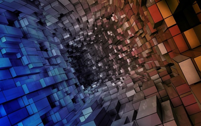 Abstract tunnel of cubes with blue and orange gradient