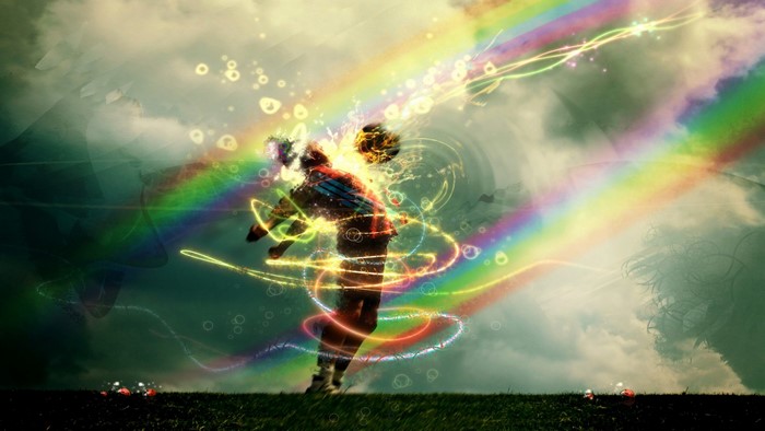 Person jumping with rainbow and light effects