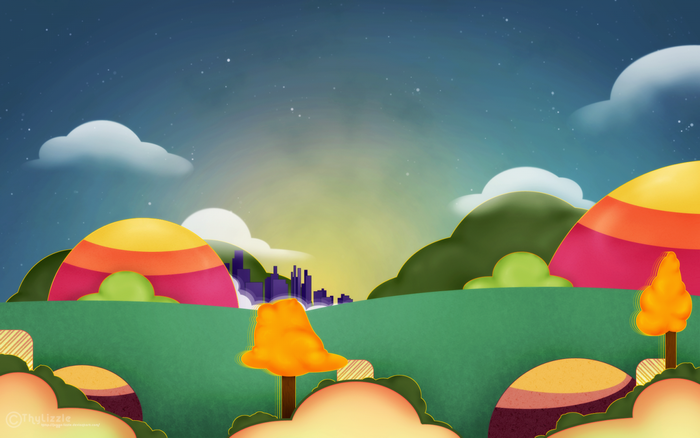Fantasy landscape with hills, trees, and city skyline