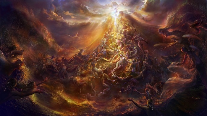 A celestial battle with figures falling into a fiery abyss