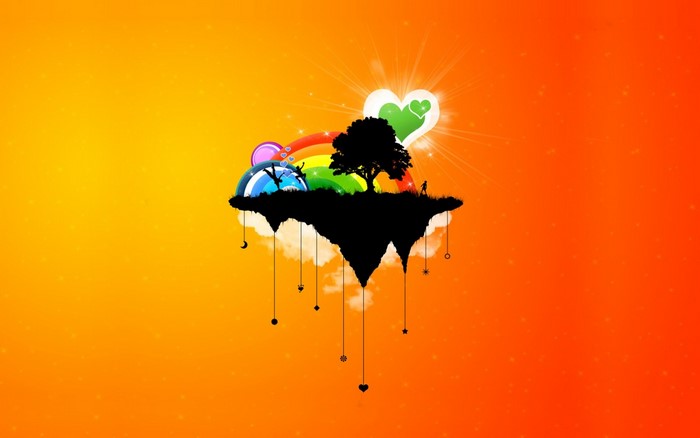 Floating island with tree, rainbow, and hearts