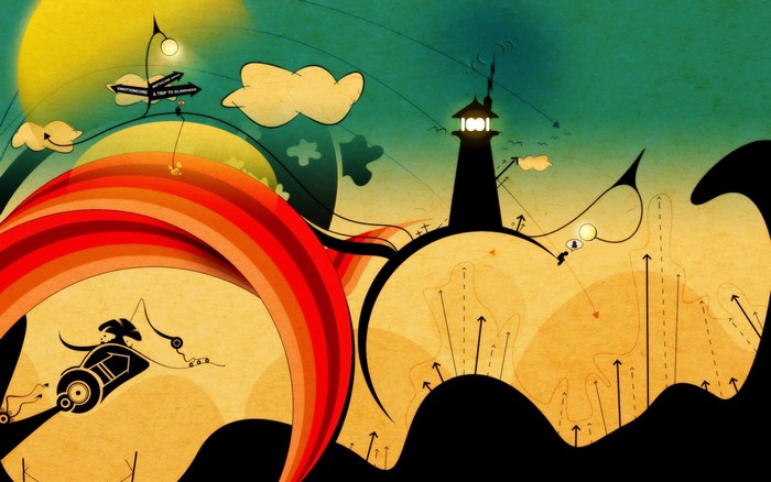 Abstract illustration with a lighthouse and a rainbow
