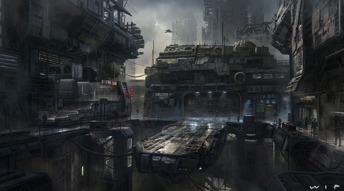 Star Citizen spaceship in a futuristic industrial city