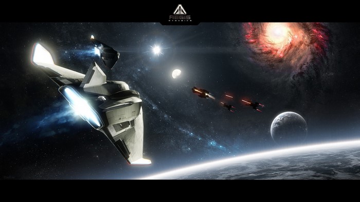 Spaceships in Star Citizen near a galaxy and planets