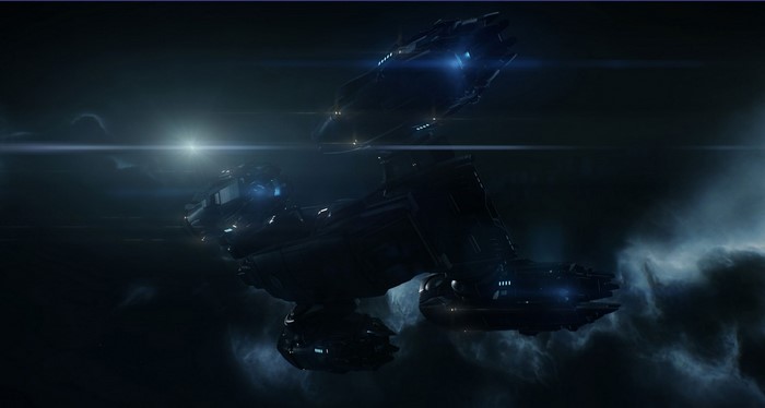 Star Citizen spaceship in dark space with lens flare