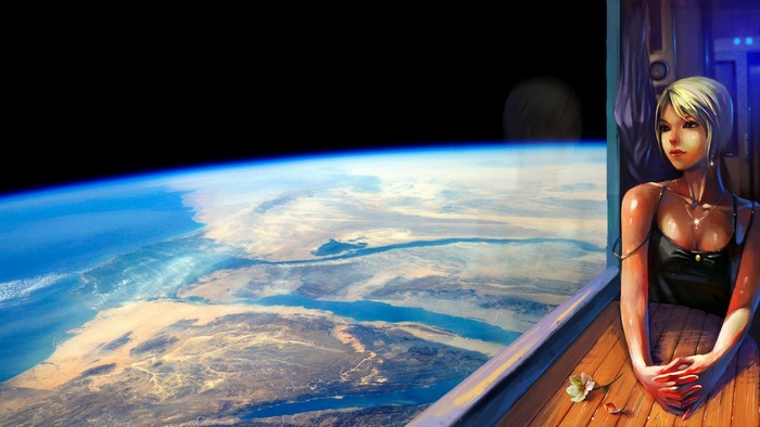 Artwork of a woman looking out a window at Earth from space