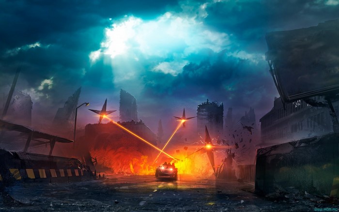 Apocalyptic futuristic city with car and lasers