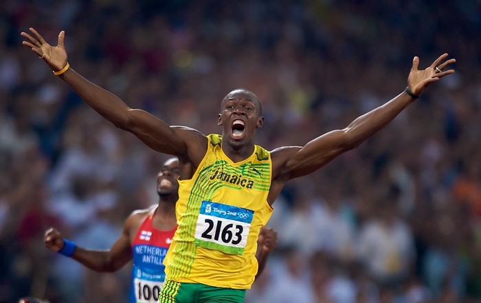 Usain Bolt celebrating victory at the Beijing Olympics