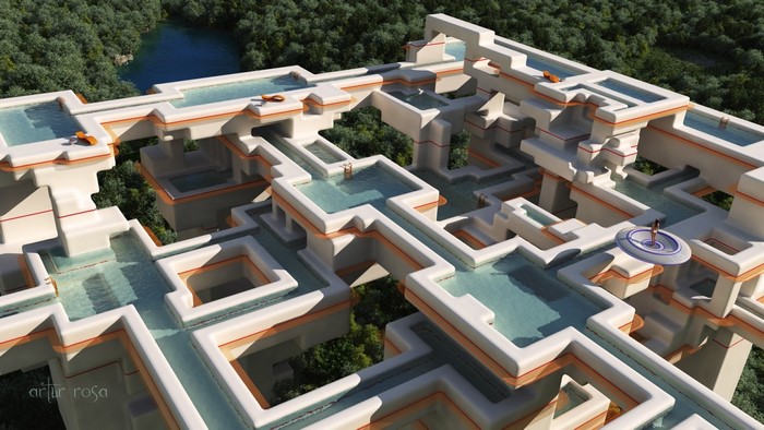 Futuristic multi-level complex with pools in a jungle setting