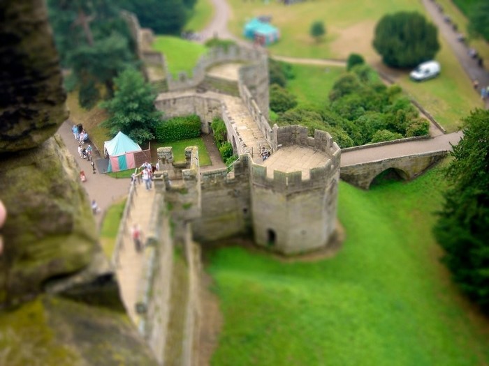 Castle walls and grounds with a tilt-shift effect