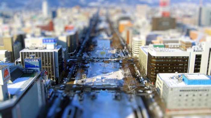 Sapporo cityscape with tilt shift effect in winter