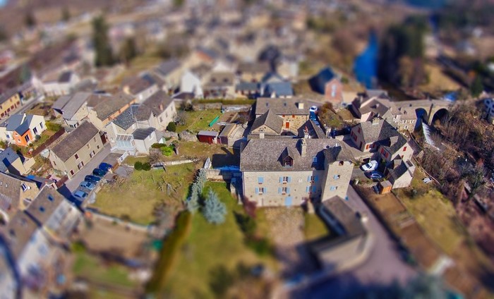 Aerial view of a European village with tilt-shift effect