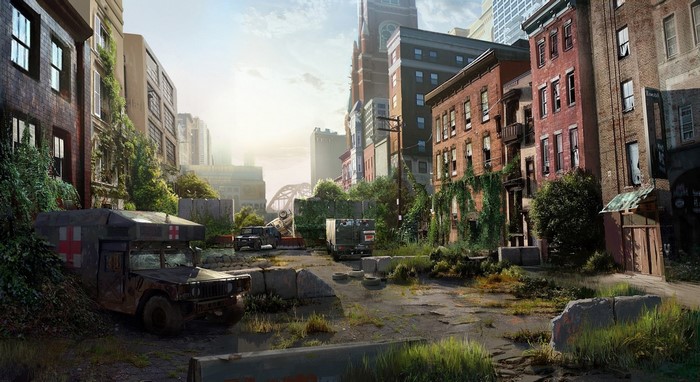 Apocalyptic city street with abandoned vehicles and overgrown buildings