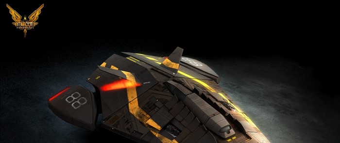 Elite Dangerous spaceship with yellow stripes and red lights