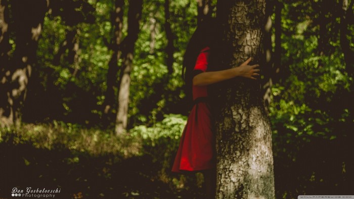 Woman in red dress hugging a tree in a forest