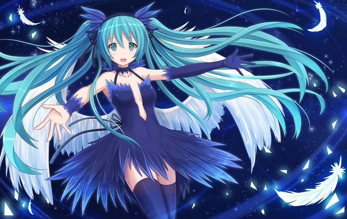 Hatsune Miku from Vocaloid with wings and feathers