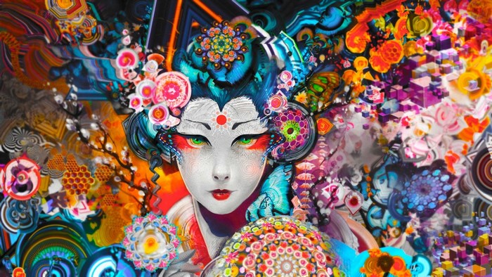 Psychedelic Geisha with Abstract Colorful Background