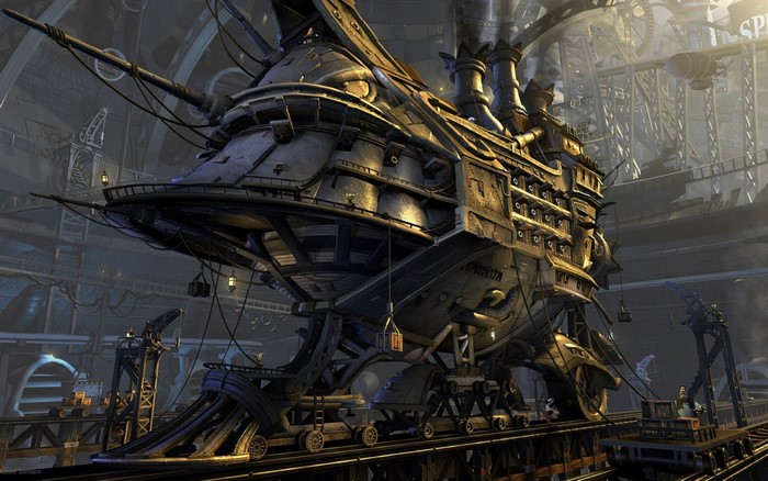 Steampunk airship in a large industrial hangar