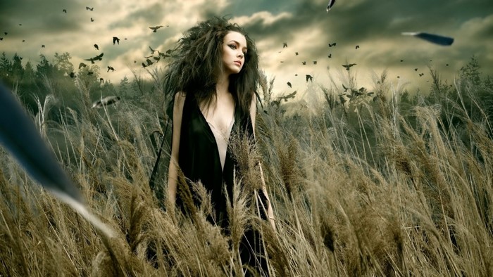 Woman in black dress in a field with birds