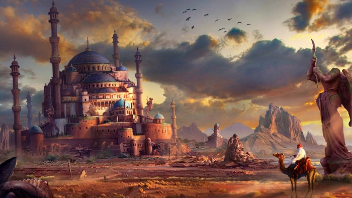 Majestic Arabian Fortress at Sunset with Caravan