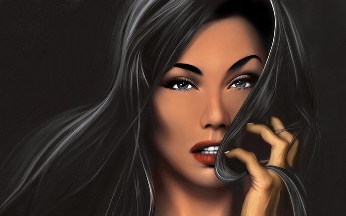 Artwork of a woman with long black hair and blue eyes