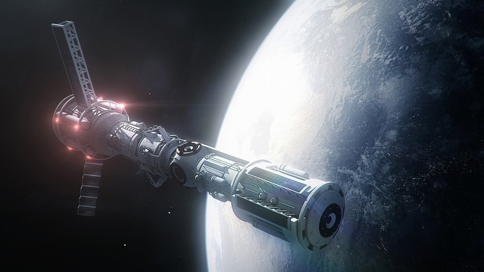 Spaceship in orbit above Earth